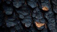 Dramatic close-up of charred black tree bark texture with glowing orange highlights peeking through deep cracks and crevices, creating abstract natural patterns.