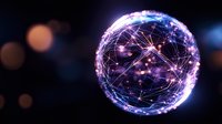 Glowing sphere with connected dots and lines creating futuristic network visualization against dark background with bokeh lights. Digital technology concept.