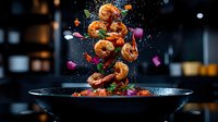 Grilled shrimp levitating with colorful vegetables and herbs against dark background, dynamic food composition with water splashes and garnish in motion.