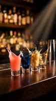 Colorful cocktail shots splashing on bar counter with blurred bottles background in nightclub or restaurant setting for party celebration.