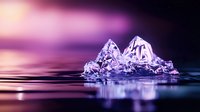 Glowing purple ice formation emerging from dark water surface with dramatic sunset sky reflection creates mystical atmosphere. For nature and fantasy designs.