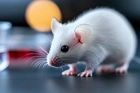 White laboratory mouse in close-up view on dark background with soft bokeh effect. Detailed capture shows pink ears, whiskers and delicate paws in scientific setting.