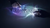 Hands manipulating glowing concentric circles with blue and purple light waves on dark background, representing digital technology, innovation, and futuristic interaction.