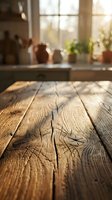 Wooden table surface in focus with warm sunlight streaming through kitchen window, blurred potted plants and interior background, ideal for product placement and lifestyle content.