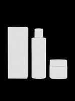 Blank white skincare packaging set with box, bottle, and jar, isolated on transparent background. Ready for branding mockups, print on demand, and product design.