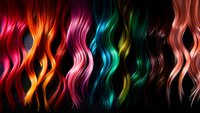 Vibrant multicolored wavy hair strands in rainbow spectrum against black background, flowing with dynamic movement and glossy shine for beauty and fashion designs.