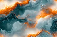 Abstract fluid art in deep teal and bright orange with swirling marble effect and flowing white highlights creates dramatic contrast for modern wall decor and design projects.