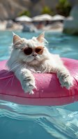 White Persian cat wearing sunglasses relaxing on pink pool float in turquoise water. Summer vacation concept with fluffy feline enjoying sunny day at pool.