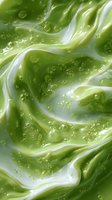 Fresh green and white swirling abstract background with water drops and flowing liquid texture creates dynamic organic pattern for wellness designs.