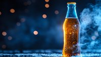 Cold glass bottle with golden beverage and bubbles on dark blue background with bokeh lights and smoke, dramatic product photography for advertising.