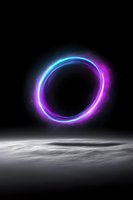 Glowing neon circle portal floating over misty lunar surface with blue and purple light effects against dark background, creating mystical atmosphere.