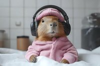 Guinea pig wearing pink knitted sweater and beanie with black headphones, sitting on white bedding in modern bedroom setting for pet fashion and lifestyle content.