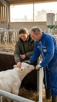 Female veterinarian and male farmer examining white calf in modern barn facility during routine health checkup for livestock care and agricultural management.