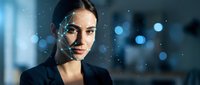 Professional businesswoman with facial recognition technology overlay in modern office environment for security and AI applications.