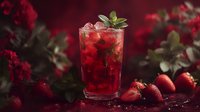 Fresh strawberry mojito cocktail with mint garnish surrounded by ripe berries and roses on dark wooden surface for summer beverage and bar menu designs.