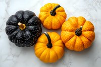 Fresh orange and black decorative pumpkins arranged on white marble background, seasonal autumn harvest composition for Halloween and fall decor.