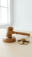Wooden judge gavel with golden coins on light table near window representing legal fees, court costs, financial justice and legal expenses.