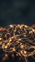 Glowing golden brain with flowing neural pathways and light connections on dark background representing artificial intelligence and cognitive processes.