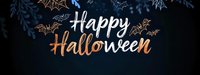 Happy Halloween lettering with flying bats and floral elements on dark background, seasonal greeting design for cards, banners and social media posts.