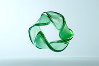 Green transparent recycling symbol formed by flowing curved glass or plastic material floating against light background, modern environmental concept.