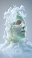 Surreal portrait of woman with green skin emerging from white foam splash on gray background for creative design projects.