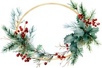 Festive winter wreath with watercolor pine branches, holly leaves, and red berries on elegant gold circular frame for holiday greeting cards and seasonal designs.