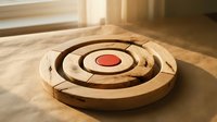 Wooden circular target board with red center on hardwood floor in sunlit room for games and skill training activities.