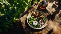 Fresh bowl with quinoa, sliced cucumber, radish, greens and nuts served with sauce on rustic wooden table in garden setting with natural sunlight.