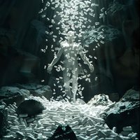 Young Asian woman in flowing dress levitates surrounded by glowing particles in dark mystical cave setting, creating ethereal supernatural atmosphere.