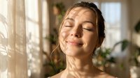 Young woman with closed eyes smiling peacefully indoors near window with natural sunlight and green plants, expressing contentment and relaxation for wellness and lifestyle use.