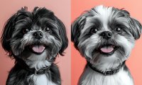 Adorable black and white Shih Tzu dog portraits with happy expressions and pink tongues showing, set against contrasting coral and peach backgrounds, artistic pet illustration.