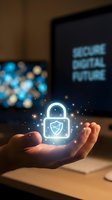 Hand holding a glowing holographic padlock with shield symbol, representing cybersecurity and data protection in a digital workspace.