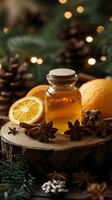 Honey jar with orange slices, star anise and cinnamon sticks on wooden slice against Christmas lights and pine cones, cozy winter mood composition for holiday season.