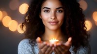 Young woman with curly hair holding glowing candle against bokeh background, creating warm atmospheric portrait for holiday greeting cards.