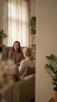 Young brunette woman in therapy session with mature blonde counselor in cozy office with plants and natural light for mental health support.