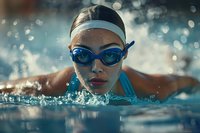 Young Asian female athlete swimming butterfly stroke in pool, water splashing dramatically around face with professional goggles and cap during competitive training.