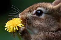 Close up macro shot of brown bunny rabbit sniffing yellow dandelion flower against dark green natural background. Adorable spring and Easter season wildlife photography.