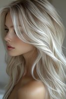 Side profile of young Caucasian woman with platinum blonde wavy hair, natural makeup, and bare shoulders against neutral background. Soft lighting enhances hair texture.