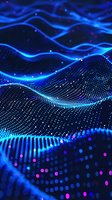 Abstract digital waves with glowing blue particles and dots forming dynamic flowing patterns on dark background, suitable for technology and data visualization concepts.