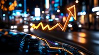 Glowing upward arrow trend line over financial data dashboard with blurred city lights background, representing growth and market success in finance.
