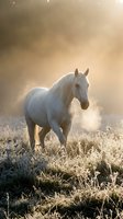 White horse standing in frost-covered field at sunrise, surrounded by misty morning atmosphere and golden light. Use for equestrian, nature, and wellness marketing.