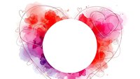 Watercolor heart frame with white circle space for text, romantic pink red purple gradient background with decorative swirls and small hearts.
