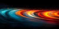 Abstract light trails in vibrant orange, red, yellow and blue colors creating dynamic curved lines against black background, cosmic motion effect for design projects.