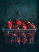 Fresh ripe strawberries in plastic container on dark background with moody lighting and dramatic atmosphere, raw organic produce for healthy eating.