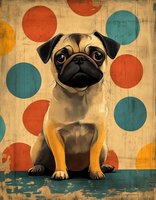 Adorable pug puppy sitting against retro polka dot background in orange and blue tones, artistic style with vintage texture and warm colors. Great for pet decor.