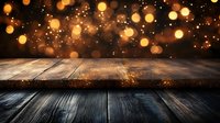 Rustic wooden table surface with magical golden bokeh lights background, dark moody atmosphere for product display or festive decoration presentation.