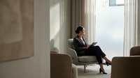 Professional businesswoman working on laptop in modern office lounge area with natural sunlight streaming through large windows creating shadows.