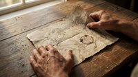 Mature male hands examining aged treasure map on wooden table with natural window light, suitable for adventure, history, and exploration themed projects.