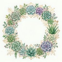Succulent plants and botanical leaves arranged in decorative square frame with geometric gold accents on isolated white background, ready for design projects.