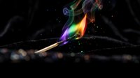 Colorful flame burning on match stick with vibrant smoke swirls against dark background. Abstract fire concept for creative projects and designs.